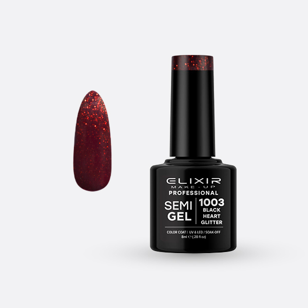 Elixir Semi Gel Ημιμόνιμο Βερνίκι 8ml – #1003 (BLACK HEART GLITTER)