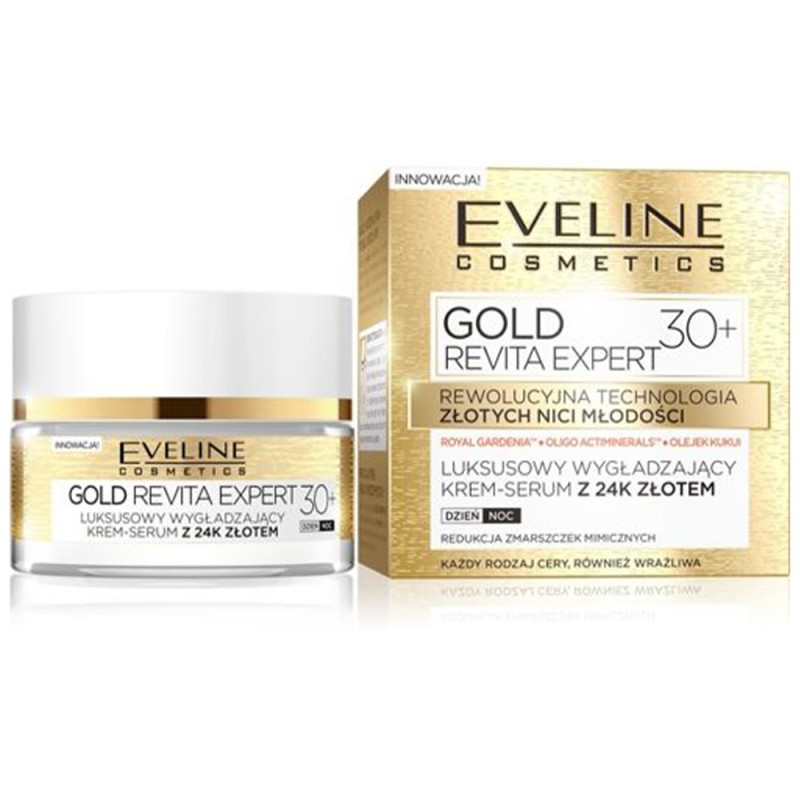 Eveline Cosmetics Gold Revita Expert Luxurious Smoothing Cream-Serum Day & Night 30+ 50ml – Κρέμα Προσώπου με 24Κ Χρυσό για Ενυδάτωση, Λείανση & Λάμψη