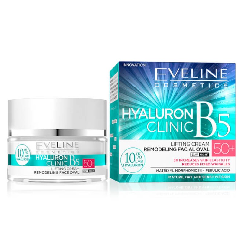 Eveline Cosmetics Hyaluron Clinic B5 Lifting Cream Remodeling Facial Oval 50+ 50ml – Κρέμα Προσώπου για Σύσφιξη, Ρυτίδες & Ενυδάτωση