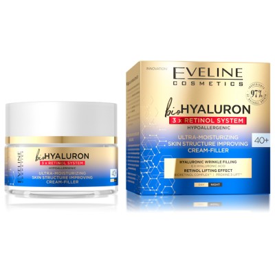 Eveline Cosmetics Bio Hyaluron 3X Retinol System Ultra-Moisturising Skin Structure-Improving Day & Night Face Cream 40+ 50ml – Κρέμα Προσώπου με Υαλουρονικό Οξύ & Ρετινόλη για Ενυδάτωση, Ρυτίδες & Σύσφιξη