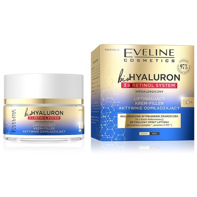Eveline Cosmetics Bio Hyaluron 3X Retinol System Lifting Actively Rejuvenating Day & Night Face Cream 50+ 50ml – Κρέμα Προσώπου για Σύσφιξη, Ρυτίδες & Ενυδάτωση