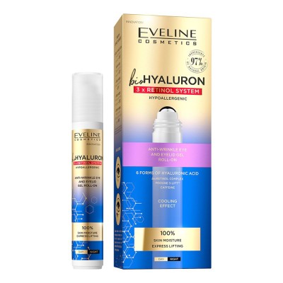 Eveline Cosmetics Bio Hyaluron 3X Retinol System Roll-on 15ml – Roll-on Gel Ματιών με Υαλουρονικό Οξύ & Ρετινόλη για Ρυτίδες, Μαύρους Κύκλους & Πρήξιμο
